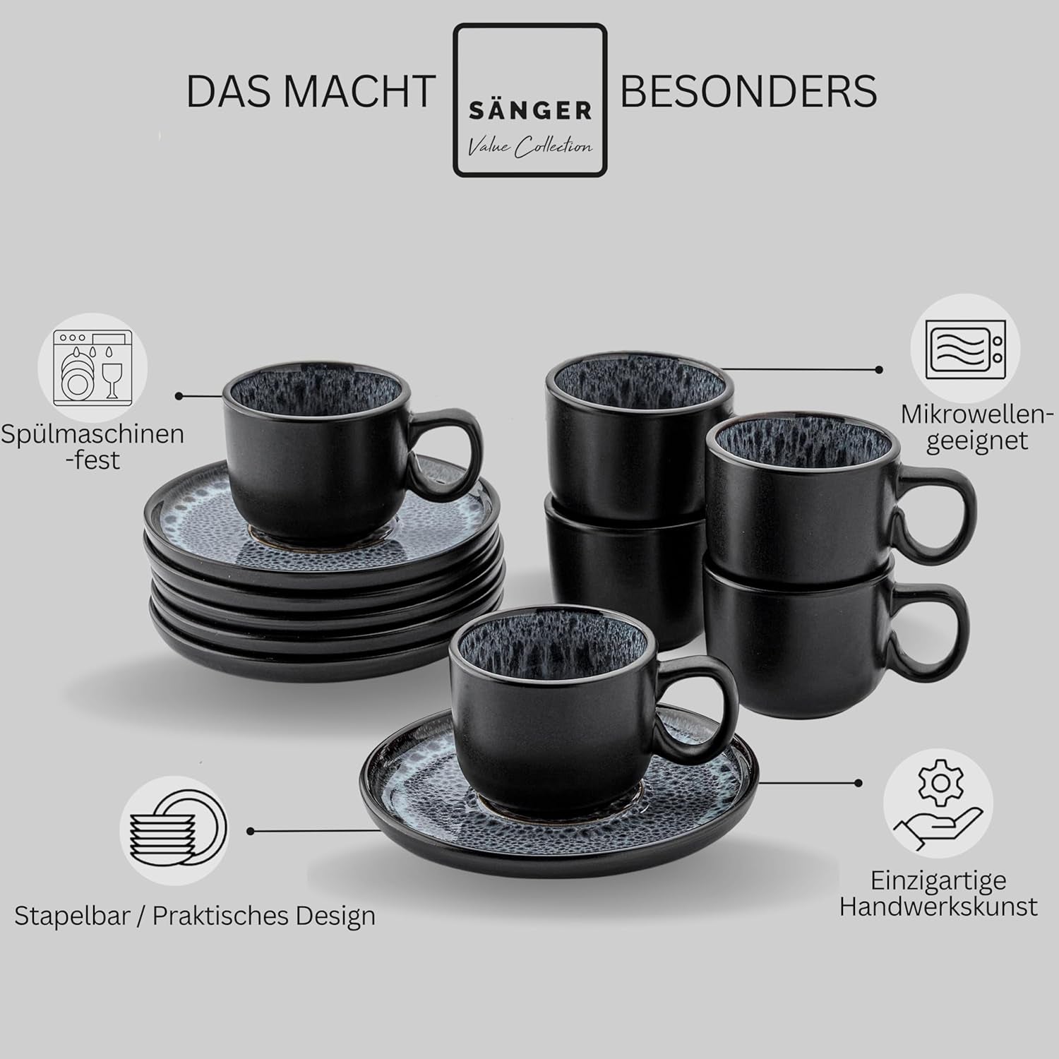 SANGER Sydney | Ensemble de 12 tasses à expresso en céramique, ensemble de tasses à moka pour 6, tasses et soucoupes, passe au lave-vaisselle et au micro-ondes, gris foncé, 80 ml | LA COLLECTION VALEUR