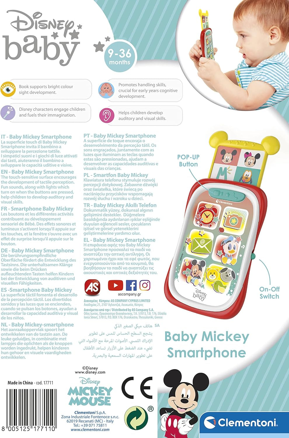 Clementoni 17711 Disney Baby Baby Mickey Smartphone, téléphone portable pour enfants avec effets lumineux et sonores, jouet interactif pour enfants de 9 à 36 mois, M, multicolore Bebe Toys Naty Shop