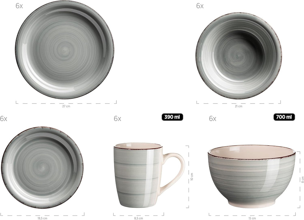 MÄSER 931612 Bel Tempo II Service de table vintage pour 6 personnes, 30 pièces, service combiné en céramique peinte à la main bleue, grès, bleu fumé