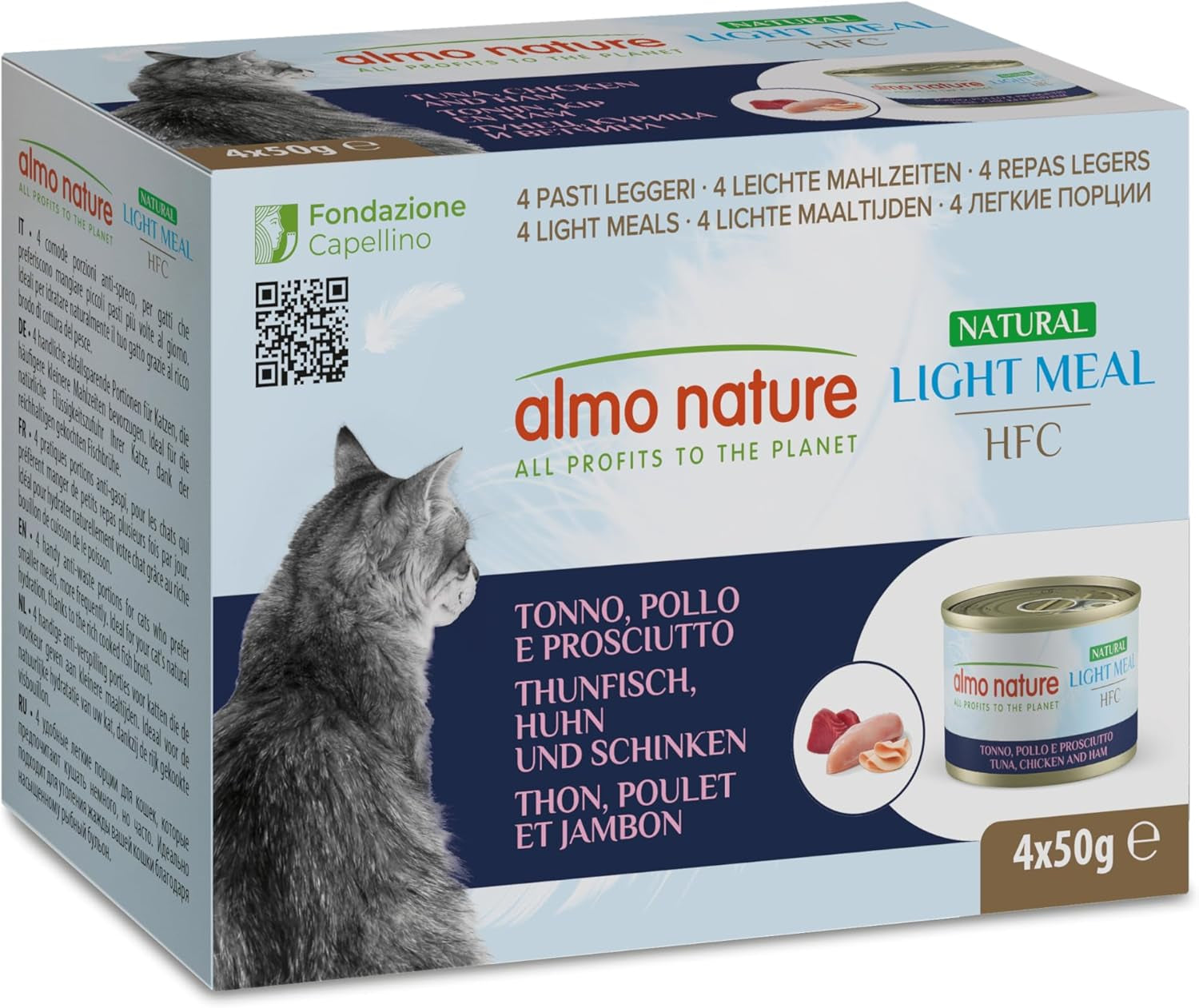 Almo Nature HFC Natural Light Meal - Nassfutter für Katzen - Thunfisch, Huhn & Schinken - Qualité humaine, sans gluten - 50 g, paquet de 4