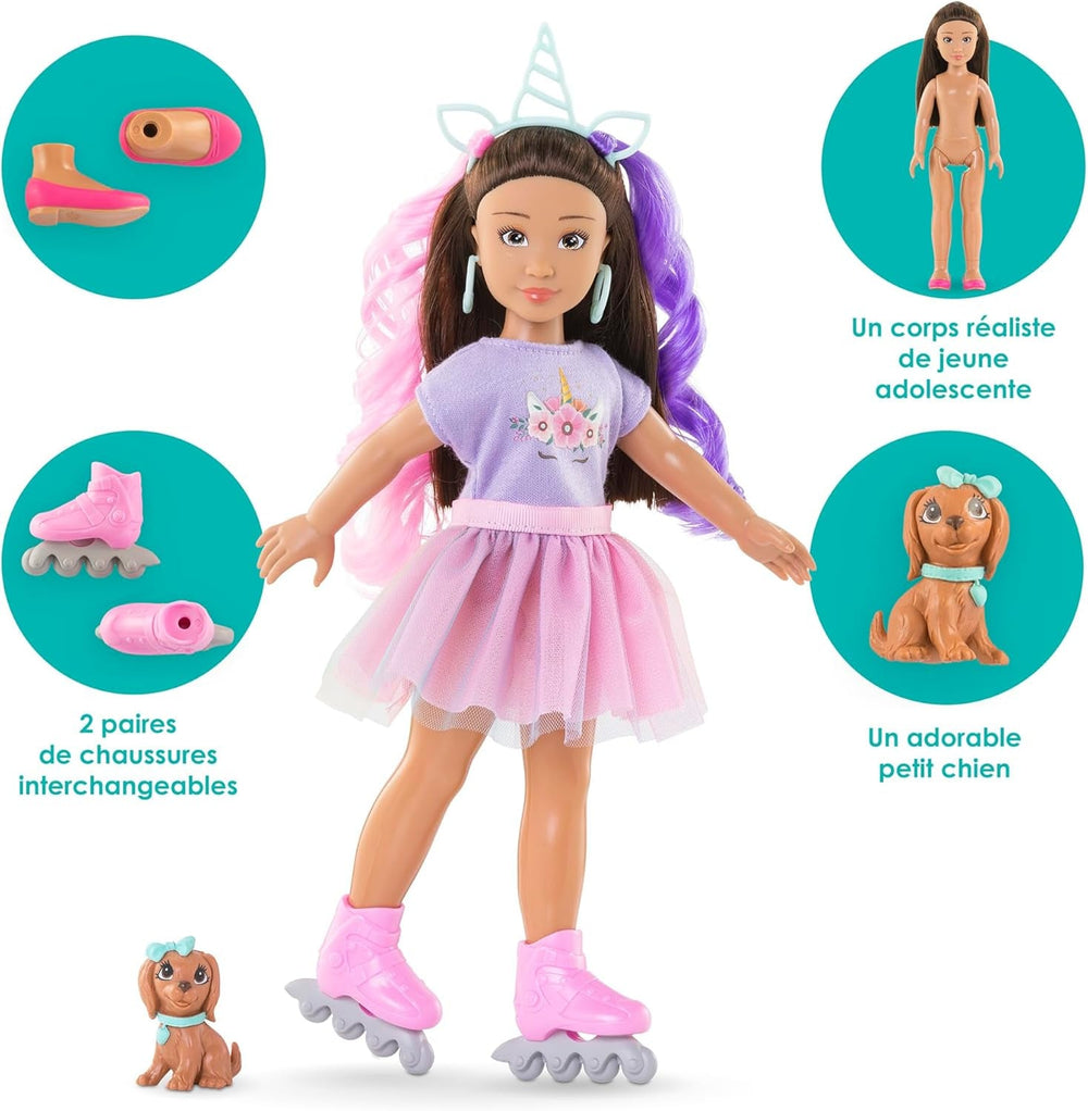 Corolle Girls Luna Einhorn Set, Ankleidepuppe mit Hund, Unicorn-Haarreif, Ohrringe und extra Inlineskates, Vanilleduft, 28cm, ab 4 Jahren