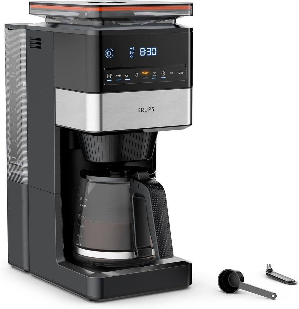 KRUPS Grind Aroma XL Machine à expresso, broyeur conique amovible, panneau de commande numérique, capacité XL (1,5 L), fonction maintien au chaud, carafe en verre, noir/acier inoxydable, KM842810