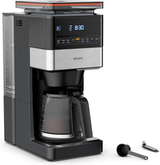 KRUPS Grind Aroma XL Machine à expresso, broyeur conique amovible, panneau de commande numérique, capacité XL (1,5 L), fonction maintien au chaud, carafe en verre, noir/acier inoxydable, KM842810