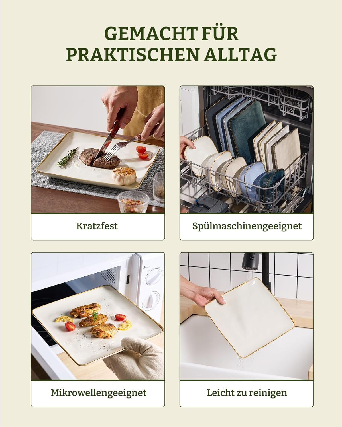 Service de table en grès pour 6 personnes Ocean Series, service de table carré de 18 pièces, service combiné d'assiettes, vernis réactif, vaisselle résistante aux rayures, Beige