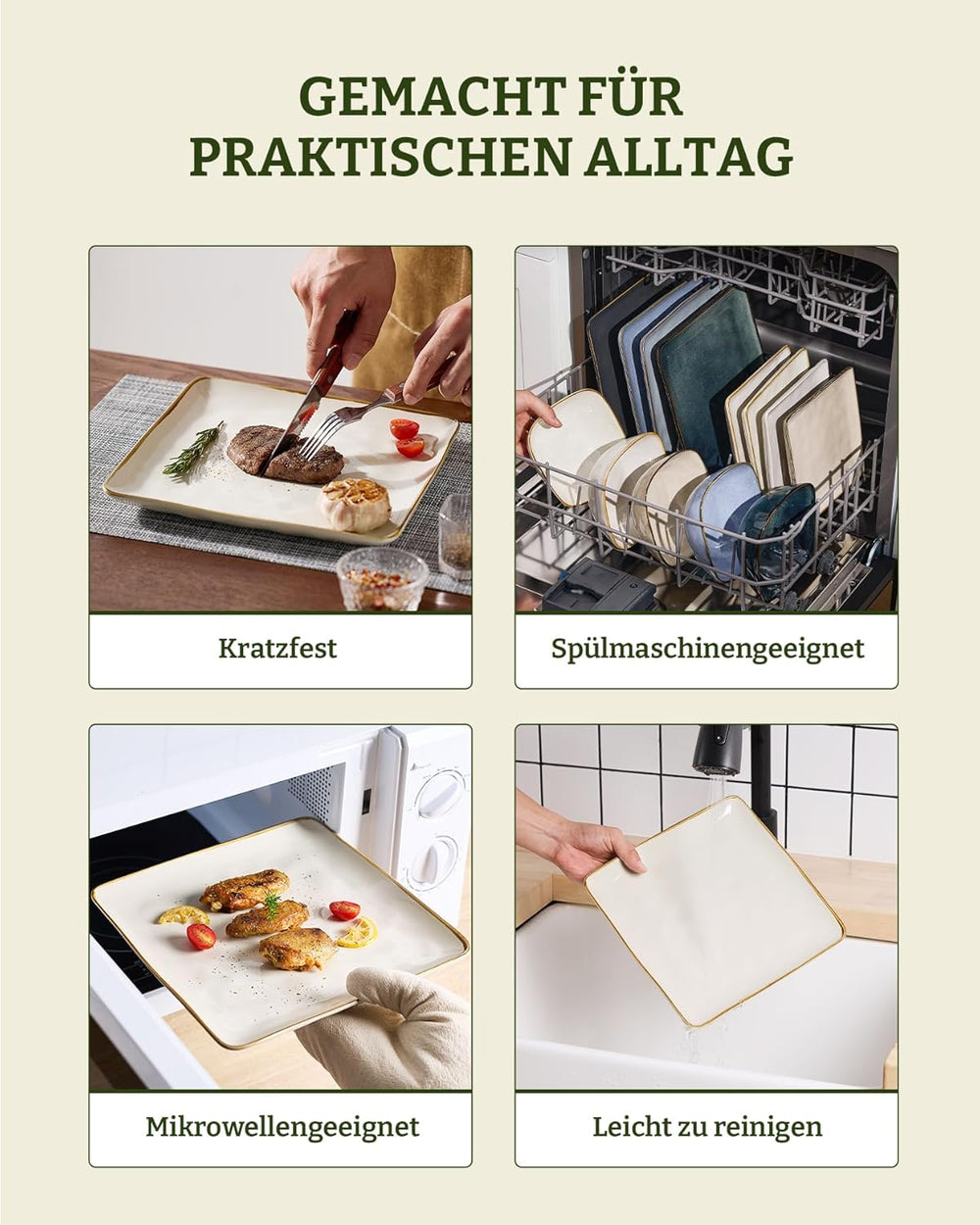 Service de table en grès pour 6 personnes Ocean Series, service de table carré de 18 pièces, service combiné d'assiettes, vernis réactif, vaisselle résistante aux rayures, Beige