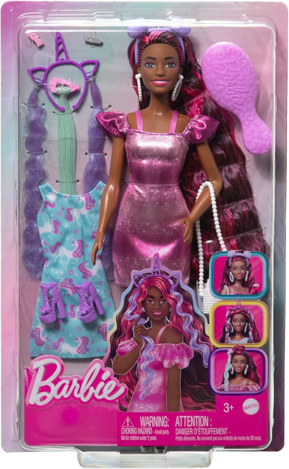 Poupée Barbie cheveux élégants et amusants avec cheveux noirs colorés extra longs et robe rose scintillante 10 accessoires de coiffure et de mode JDC86