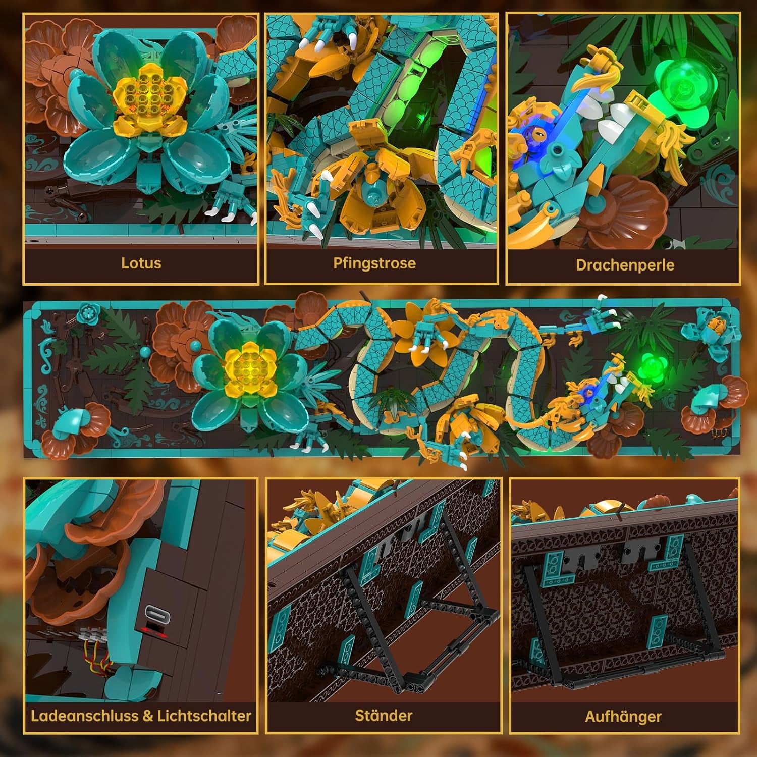 Kit de construction de tuiles de dragon mythique pour adultes, jouet de construction d'art divin Loong 3D avec lumières LED et fleurs, kit de modèle en relief de dragon à faire soi-même, cadeaux et décorations créatifs (1676 pièces)