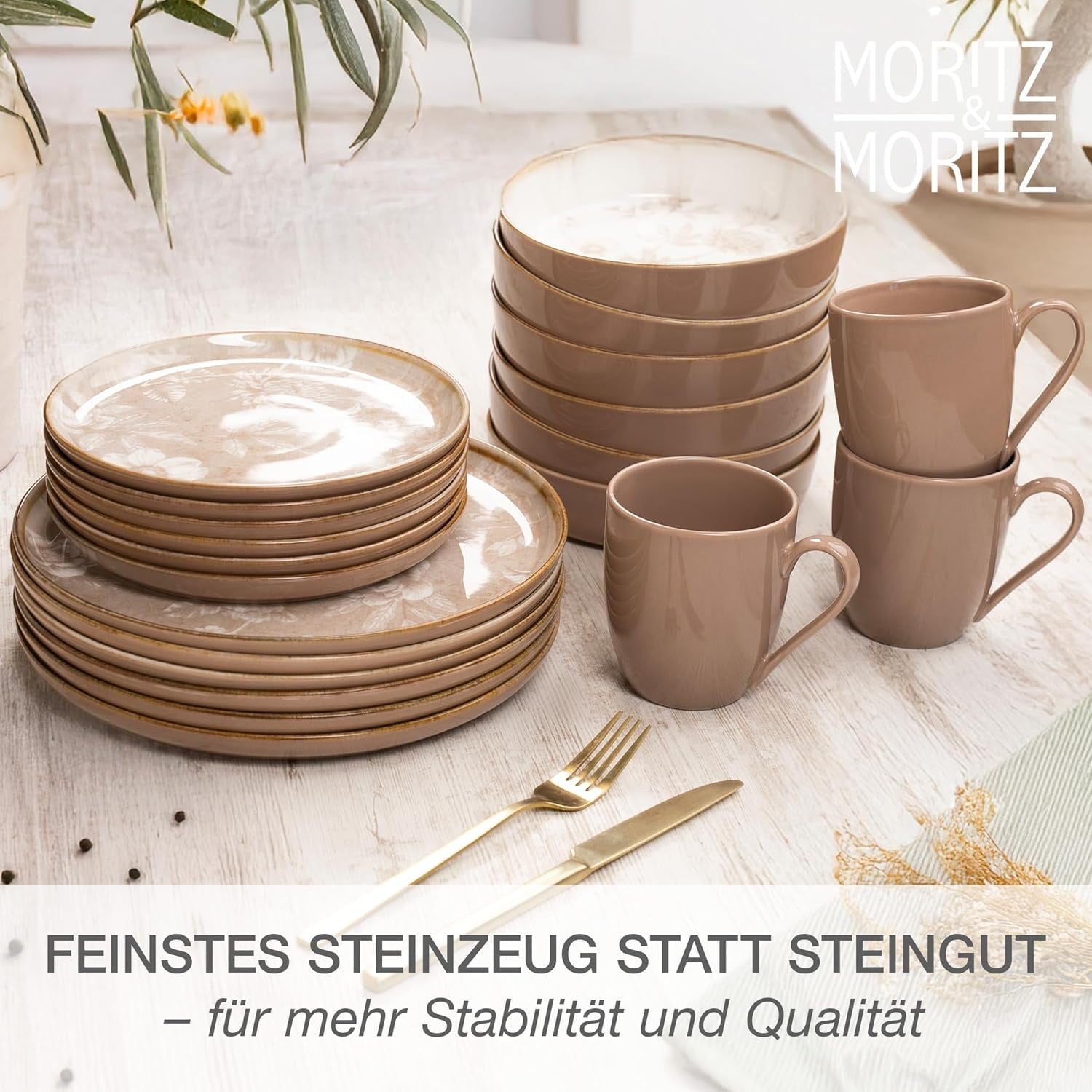 Moritz & Moritz MARIELLA Service de table en grès pour 6 personnes, 24 pièces - Vaisselle beige moderne au design ludique, service à café facile d'entretien avec assiettes, bols et tasses - Service combiné