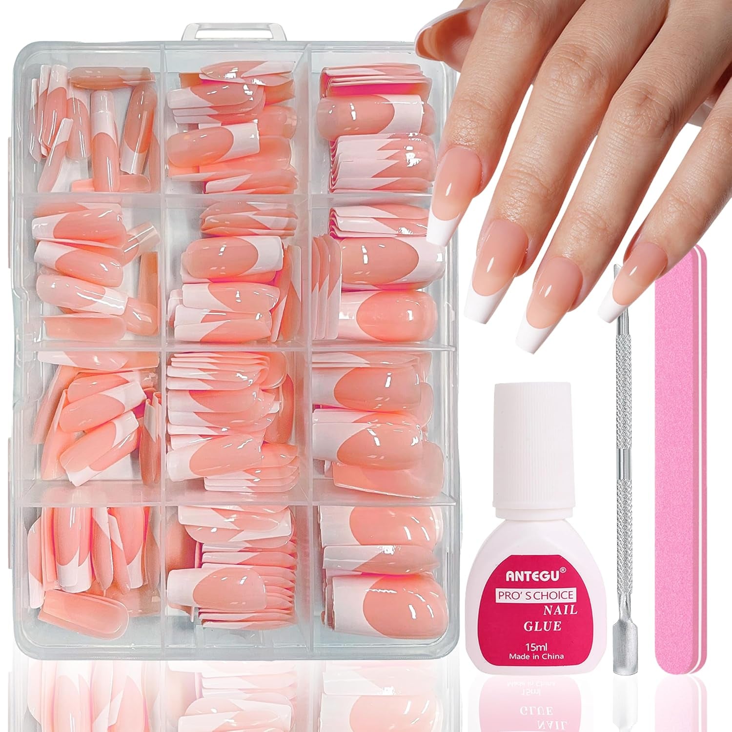 Lot de faux ongles – 240 pièces courtes et carrées, modèle en gel souple, dégradé de blanc nu, colle naturelle sur faux ongles pour femme, à faire soi-même (dégradé nu, 240X)
