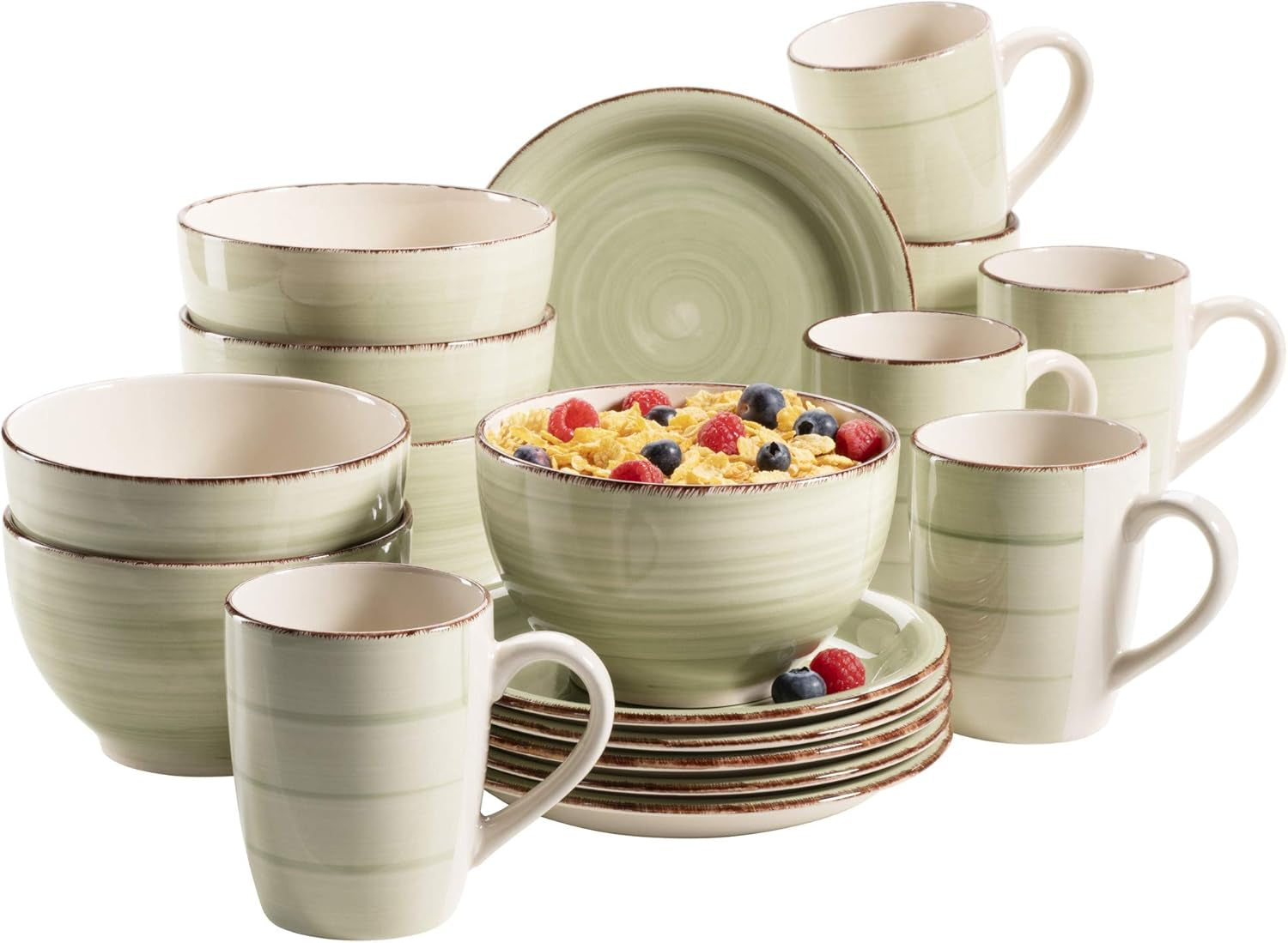 MÄSER 931490 Bel Tempo II Service de petit-déjeuner pour 6 personnes au look vintage, céramique peinte à la main, service de table 18 pièces, vert, grès