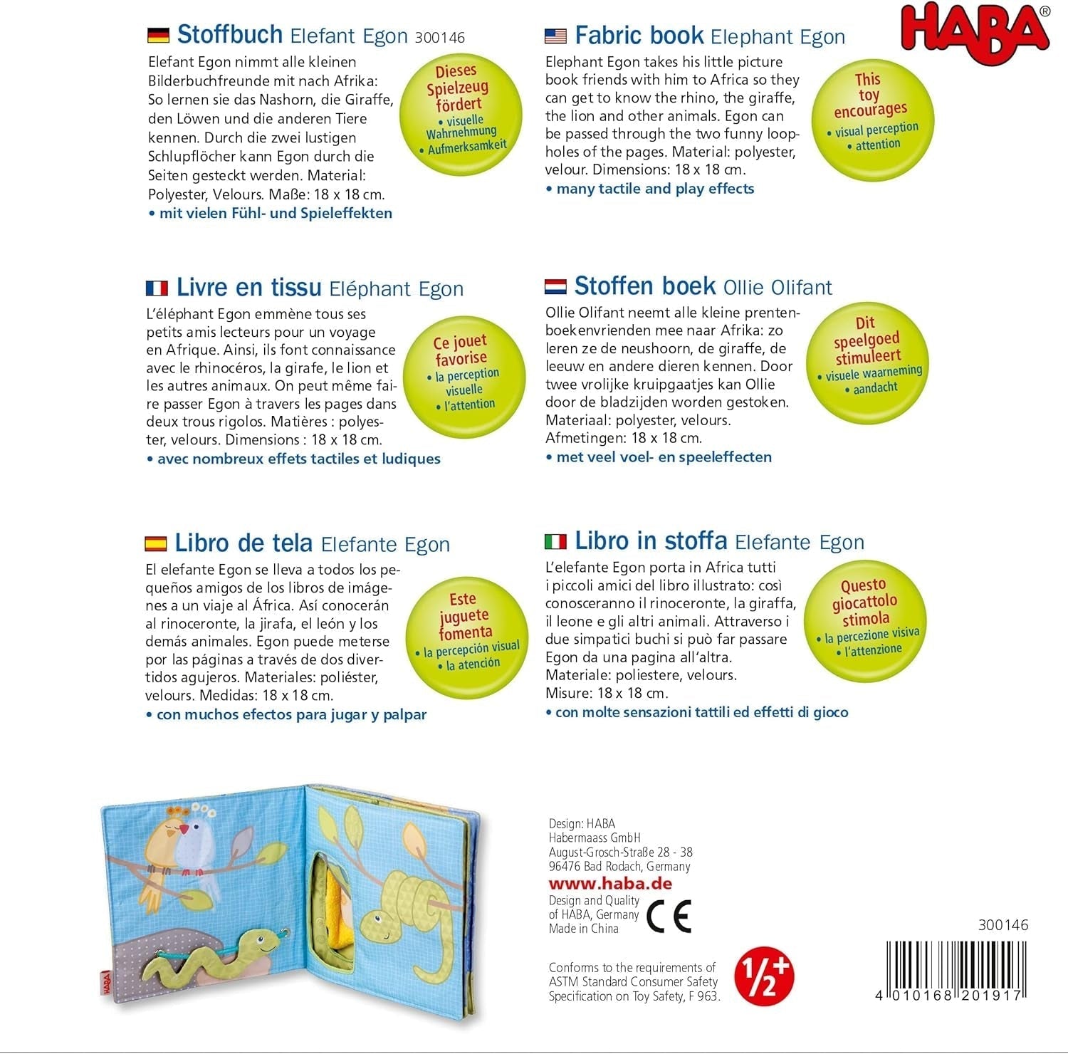 HABA 300146 - Cartea de pluș Elefant Egon, carte moale cu multe efecte tactile și de joc, jucărie pentru copii frumos proiectată de la 6 luni Jucarii Bebe Naty Shop