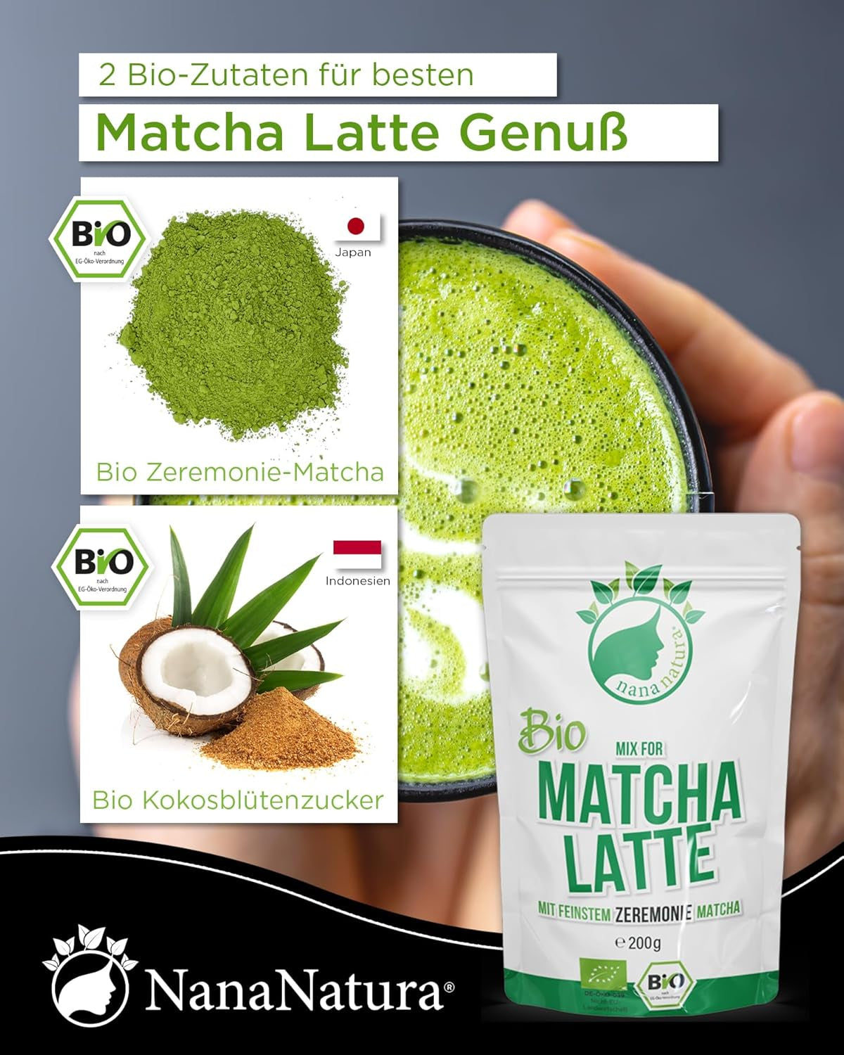 Nananatura'S Bio Matcha Latte Mix cu 22% pudră de ceai verde de calitate ceremonială din Japonia | Pentru o savurare simplă și delicioasă a ceaiului | Potrivit și pentru înghețată și produse de patiserie