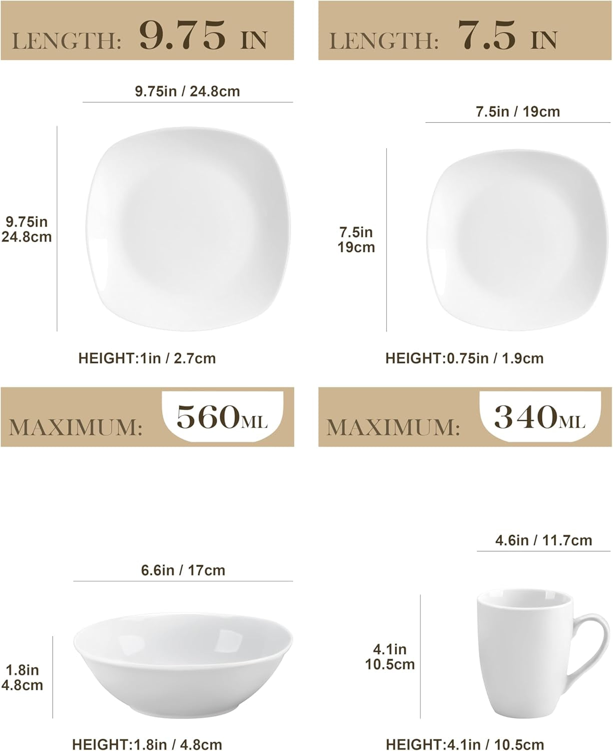 MALACASA Service de table pour 4 personnes, 16 pièces en porcelaine blanche, service de table moderne avec 4 assiettes plates, assiettes à dessert, assiettes et tasses Suma, série ELISA