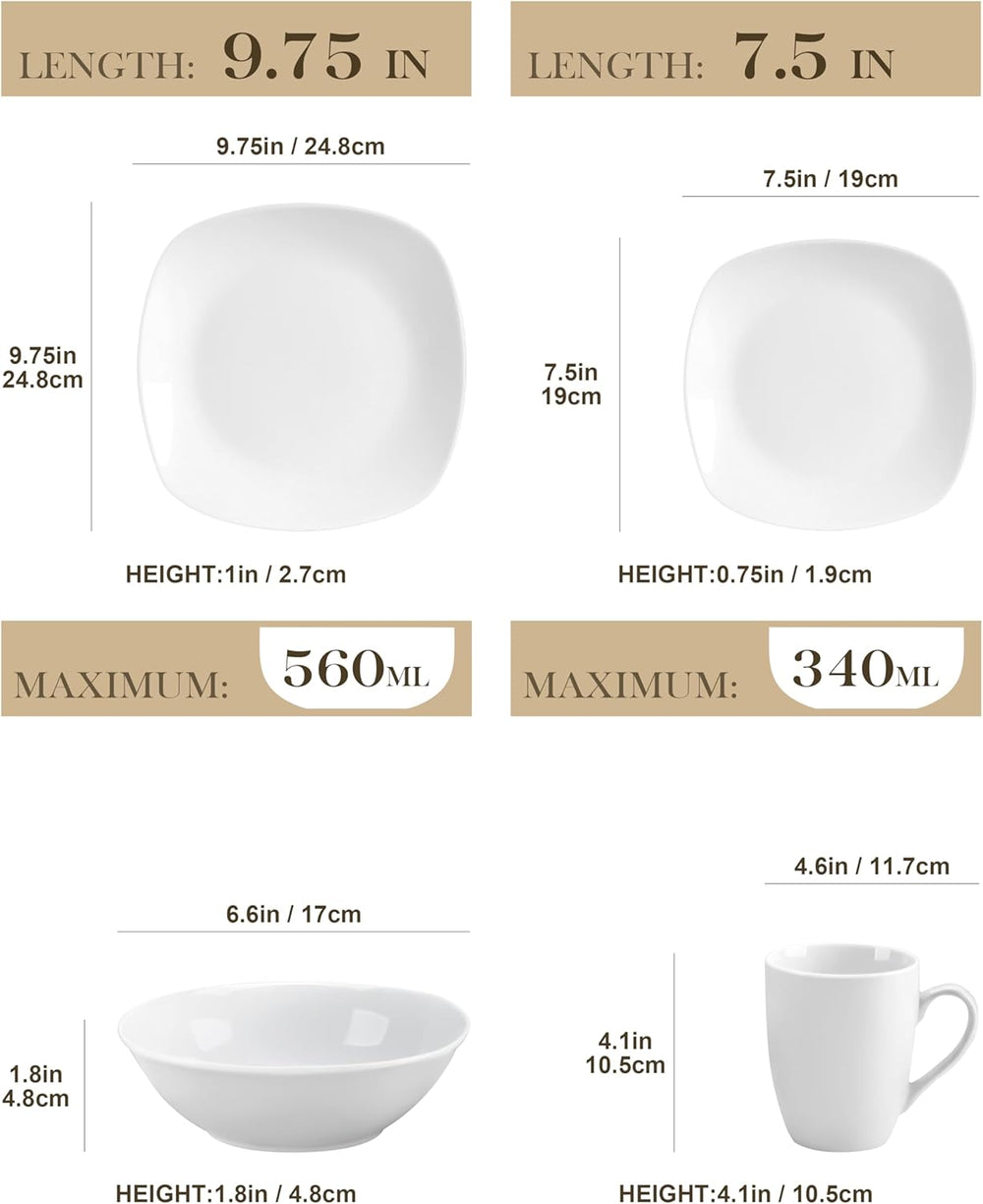 MALACASA Service de table pour 4 personnes, 16 pièces en porcelaine blanche, service de table moderne avec 4 assiettes plates, assiettes à dessert, assiettes et tasses Suma, série ELISA