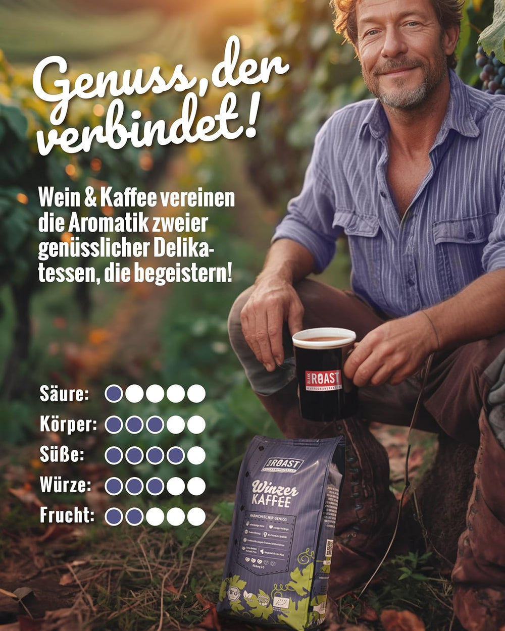 Blank Roast - BIO Winzer Kaffee 1000g - schonend mit Pfälzer Rebholz geröstet - ganze Kaffee-Bohnen au Pérou - 100% Arabica Röstung - schokoladig & nutig - säurearm