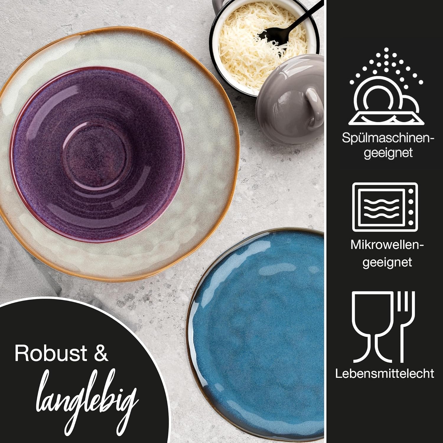 Moritz & Moritz COPA 16-tlg Geschirrset 4 Personen - Elegantes Teller Set aus hohrstandigem Steinzeug - Geschirr Set 4 Personen aus je 4x Dinnerteller, Dessertteller, Müslischale & Kaffeebecher