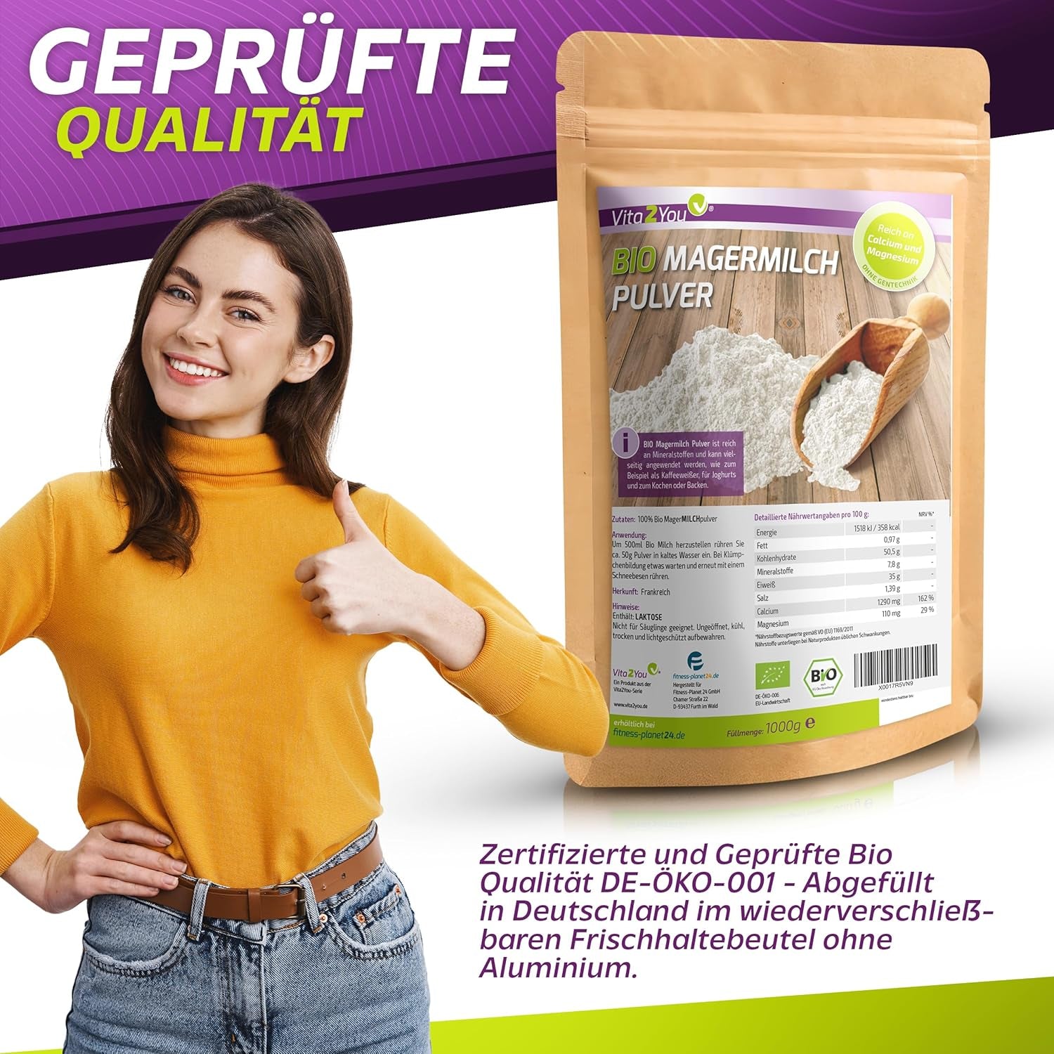 Vita2You Bio Lait écrémé en poudre 1000g - 100% Bio Qualität - pour la pâtisserie - Kaffeeweißer - Milchpulver für Joghurts - 1kg - Premium Qualität