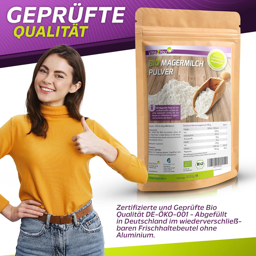 Vita2You Bio Lait écrémé en poudre 1000g - 100% Bio Qualität - pour la pâtisserie - Kaffeeweißer - Milchpulver für Joghurts - 1kg - Premium Qualität