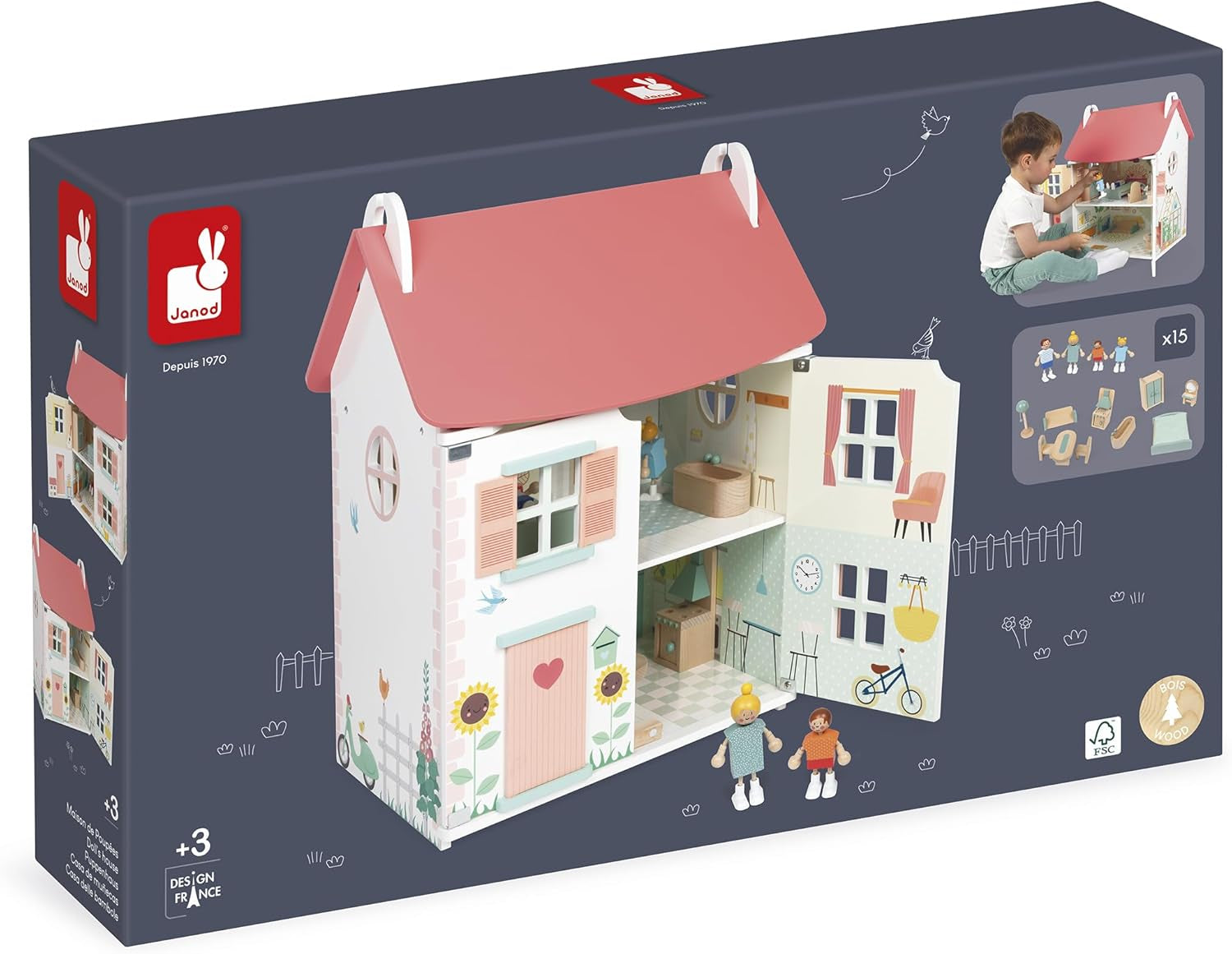 Janod - Ma première maison de poupée en bois - 10 accessoires - Meubles de poupée - Portes magnétiques et toit amovible - Jouet en bois certifié FSC - 3 ans et plus