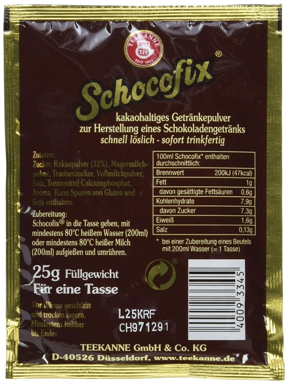 Teekanne Schocofix chocolat à boire, paquet de 50 x 25 grammes Cacao et Chocolat Chaud Naty Shop