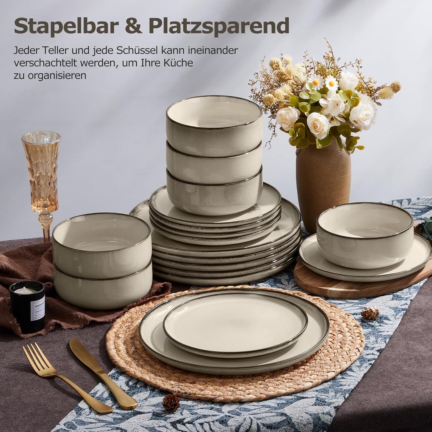 Service de table pour 6 personnes, 18 pièces en grès, service combiné, 6 assiettes plates, 6 assiettes à dessert, 6 bols à céréales, résistant aux rayures et passe au micro-ondes – Kaki Karst