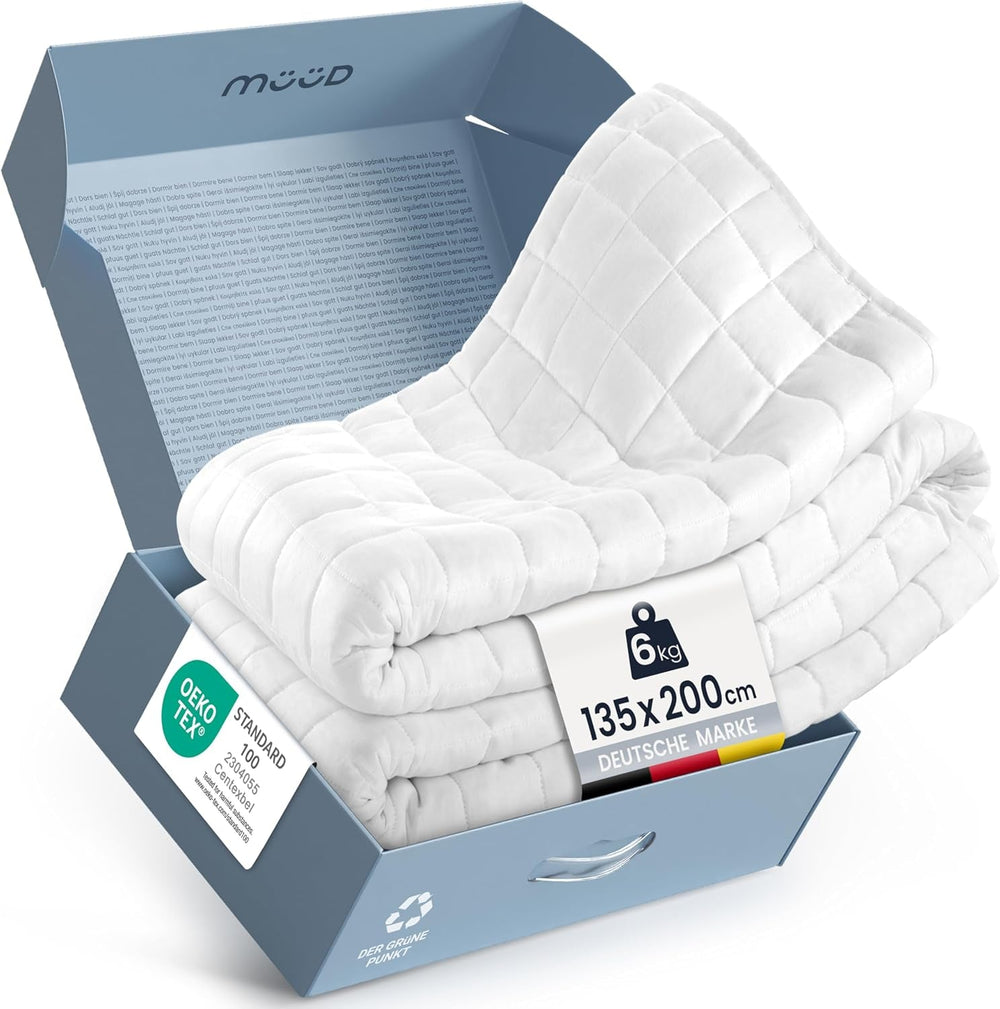 Couverture thérapeutique 7 kg I 135X200Cm I Pour un sommeil réparateur I Couverture lestée de haute qualité en coton respirant I Anti-stress et thérapeutique - Y compris boîte d'emballage avec poignée de transport Lits et couvertures Besuche den müd-Store 135 X 200 Cm 6,0 kilogrammes