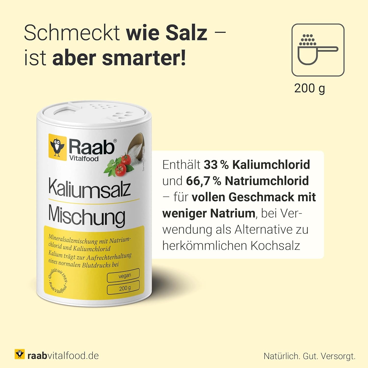 Raab Vitalfood Mélange de sel de potassium, mélange de sel minéral avec 66,7 % de chlorure de sodium (eau de Cologne) et 33 % de chlorure de potassium, le potassium est destiné à l'alimentation en eau normale d'un liquide à base de sel (dose de 1 x 200 g)