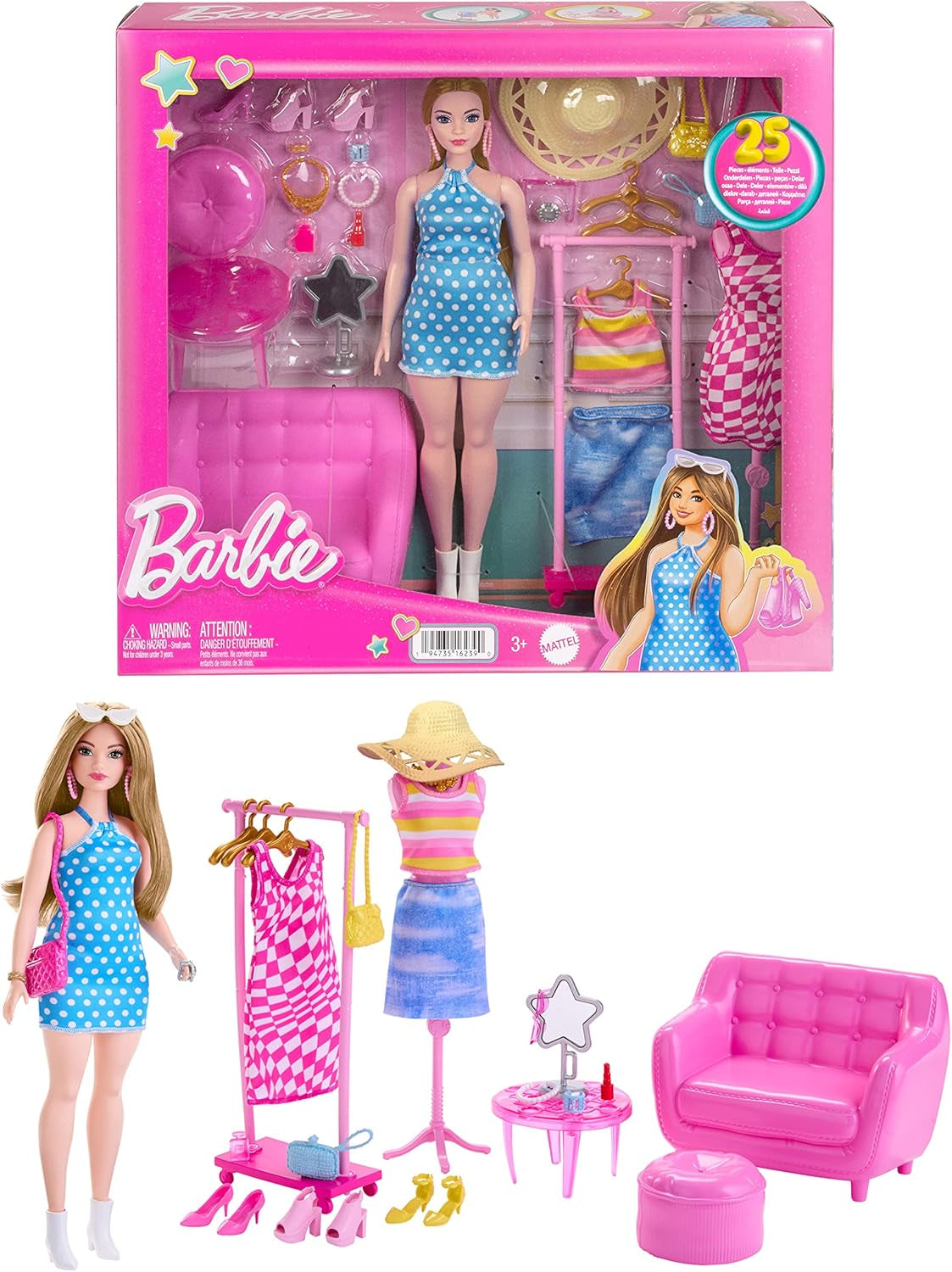 Barbie - Ensemble poupée mannequin et armoire avec vêtements, accessoires et meubles de salon, coiffure longue durée pour enfants à partir de 3 ans, HPL78