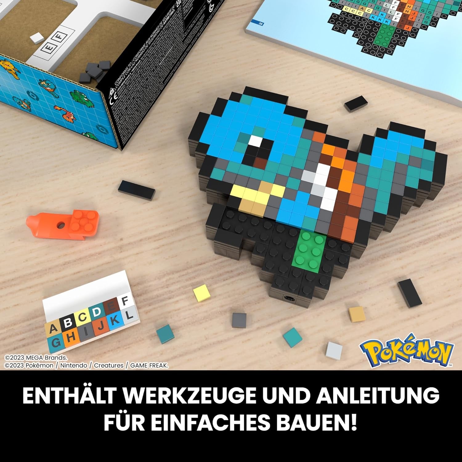 MEGA Pokémon Schiggy - Figurine conçue au look rétro, Pixel Art, 15 cm de large, avec base pour le montage mural, pour les enfants et les adultes, HTH77