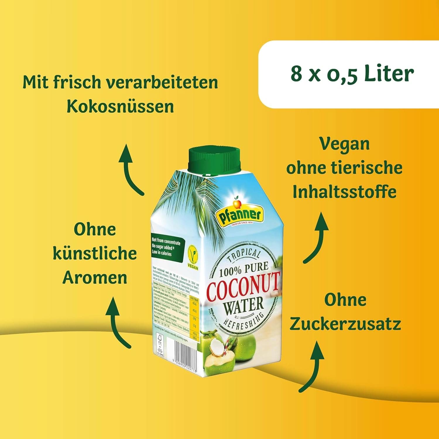 Pfanner Coconut Water Drink (8 X 500 ml) - Eau de coco sans sucre Naty Shop