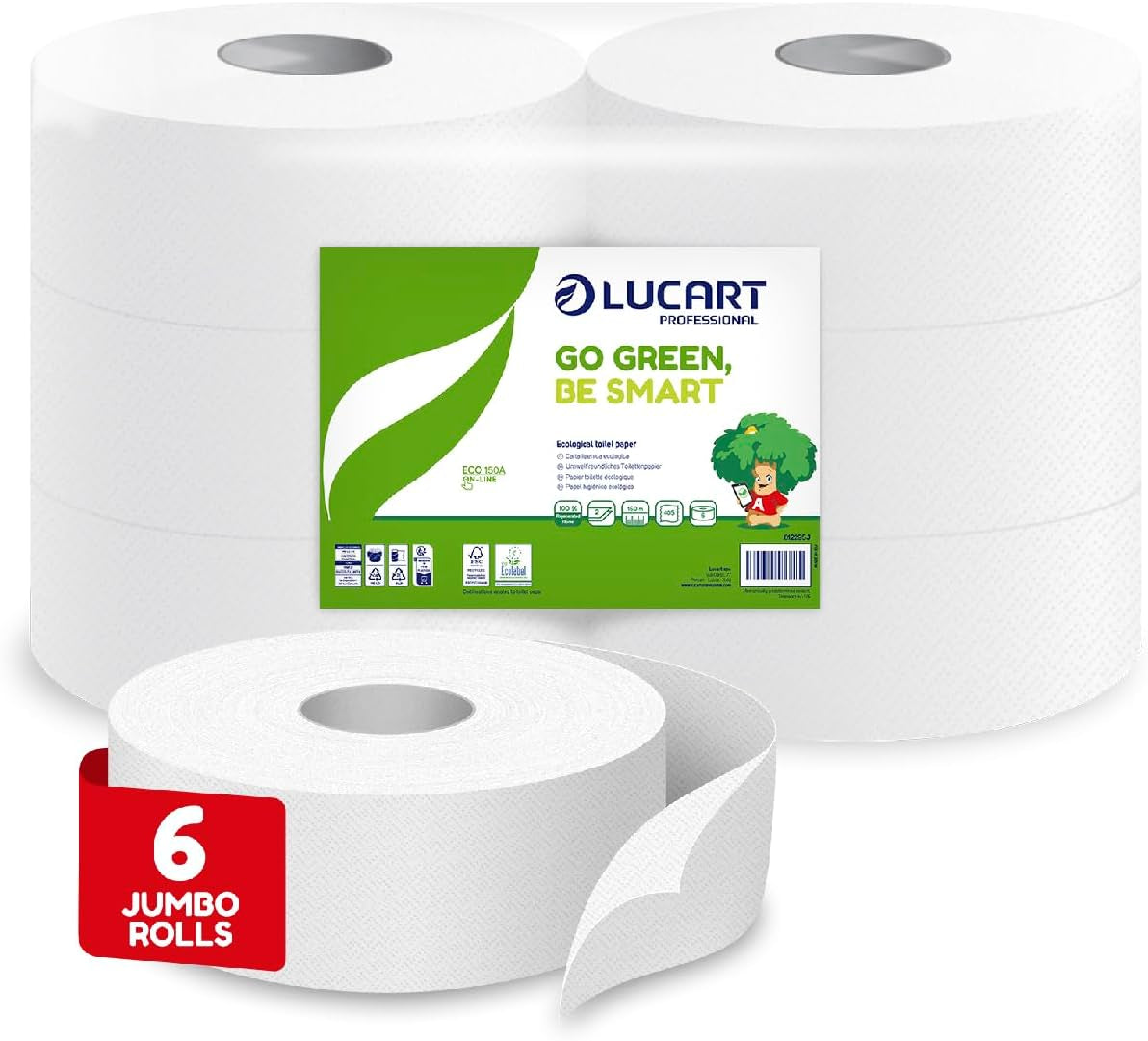 Rouleaux de papier toilette Jumbo Eco, 2 épaisseurs, crème nettoyante pour les mains avec formule nettoyante, hydratante et lissante - Parfum floral - 5 L, 6 pièces (1 paquet)