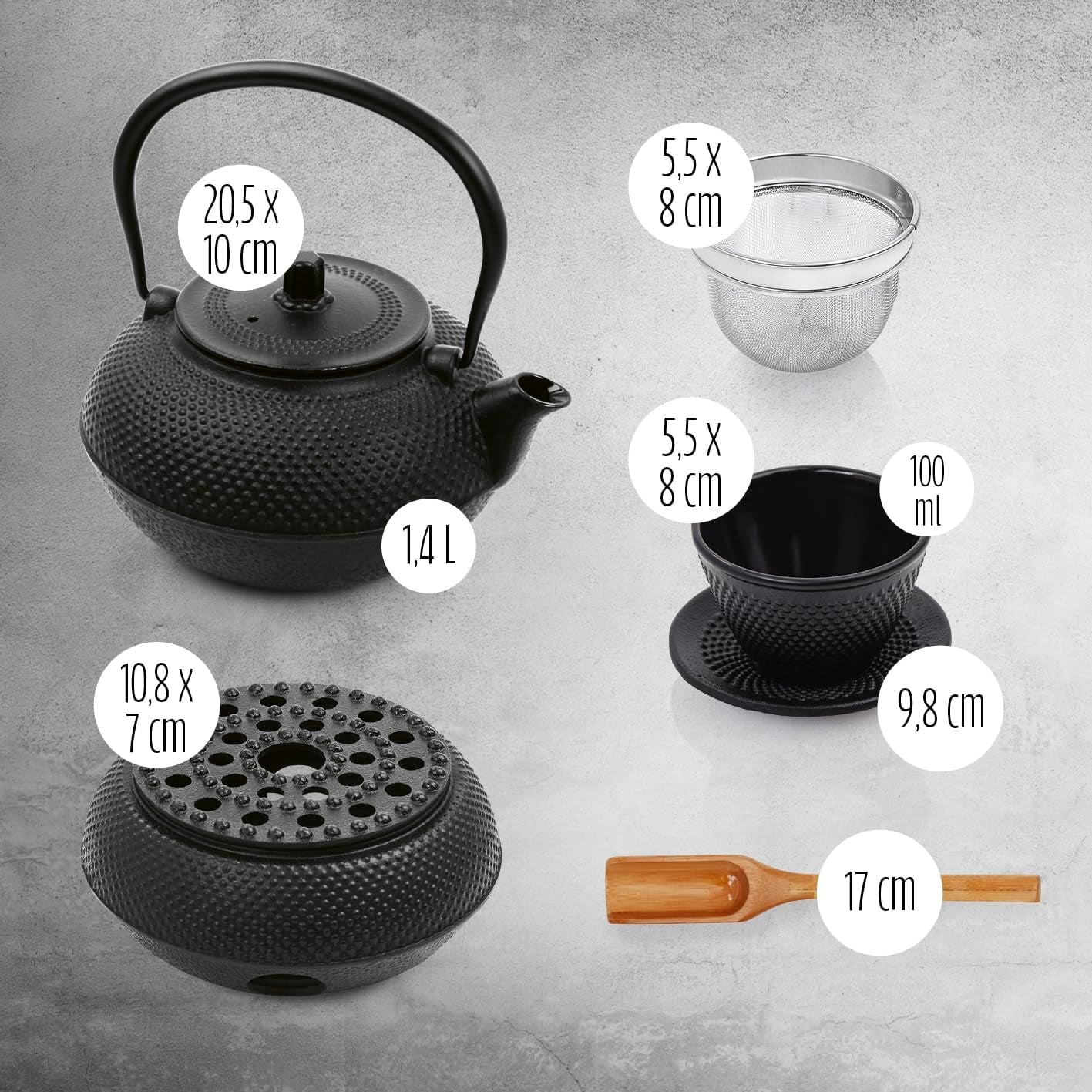 Service à thé Lumaland 8 pièces | Théière en fonte Tetsubin de 1,4 litre | Chauffage en fonte | 2 tasses à thé et 2 soucoupes | Service à thé japonais comprenant une cuillère doseuse en bambou et un infuseur en acier inoxydable