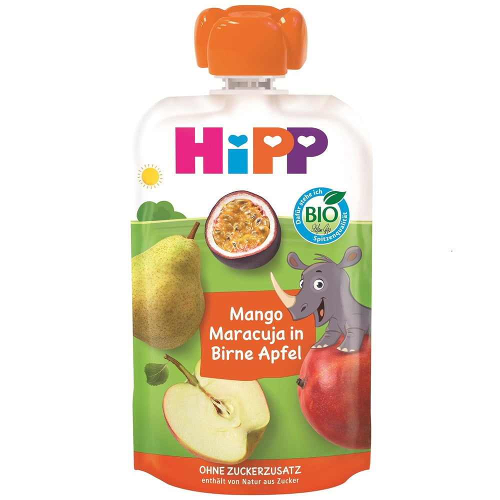 Sachets HiPP Bio Mangue-Passion Saveur Poire Pomme - Nick Rhino (8 x 100g), dès 1 an, 100% purée de fruits, sans sucre ajouté, vegan, meilleure qualité bio