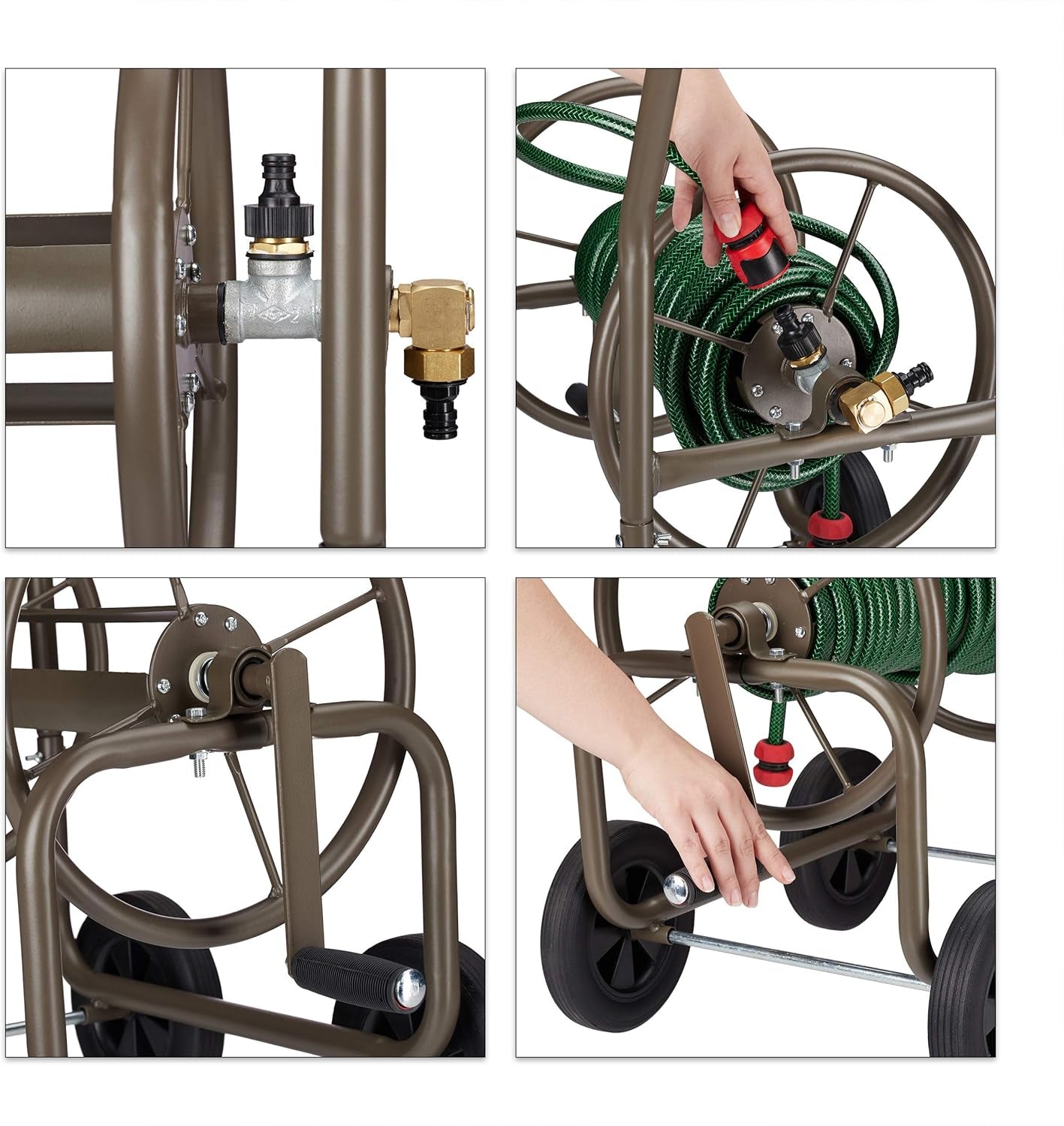 Dévidoir Relaxdays XL, enrouleur mobile, métal, pour tuyau 60 m, 4 roues, avec manivelle, rouleau 90°, marron