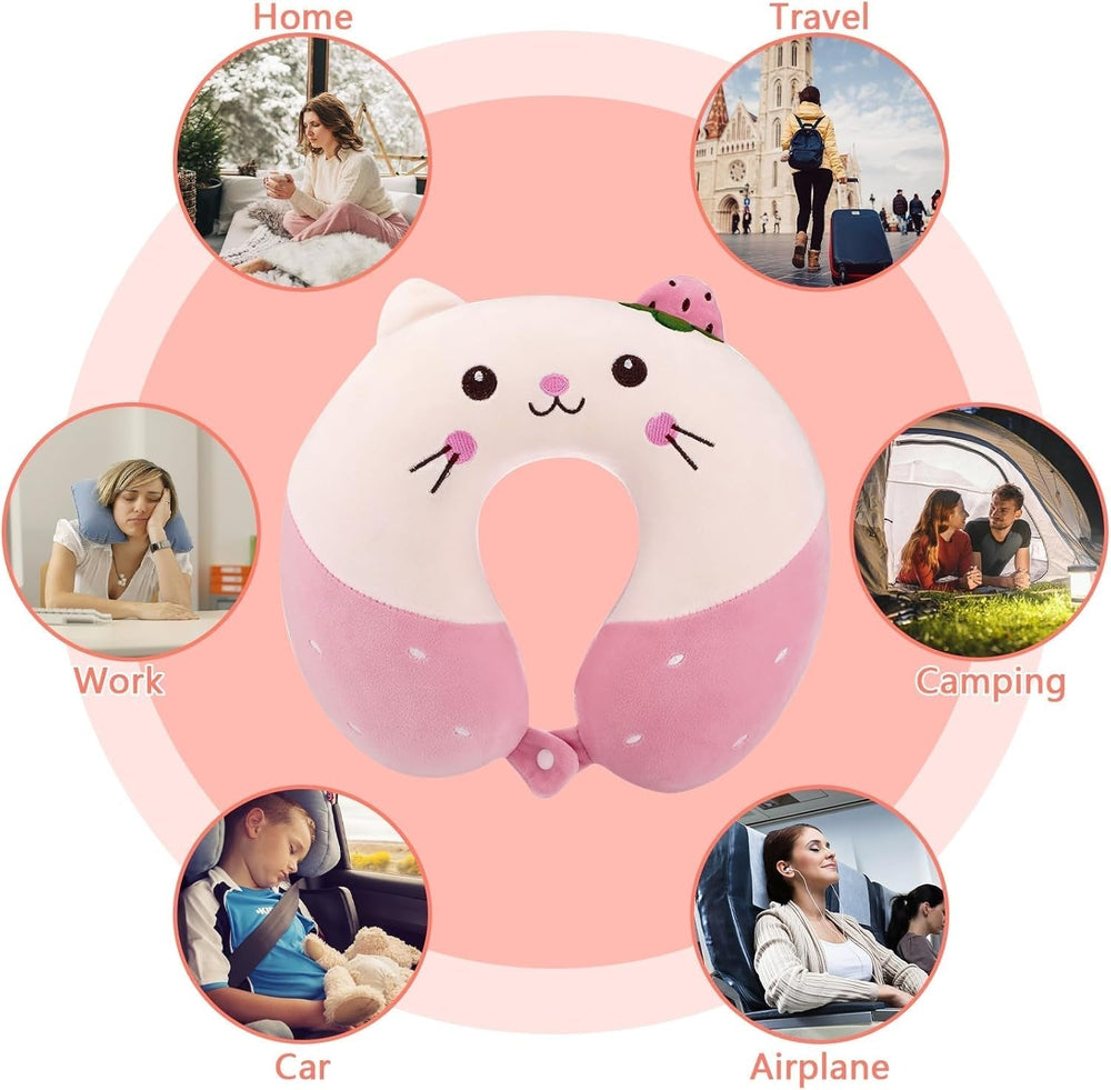 Litimkat Oreiller cervical pour enfants, oreiller de voyage portable, oreiller en mousse à mémoire de forme en forme de U, voyage, avion, voiture, train, bureau, maison, motif animal mignon, housse de coussin détachable (rose) Oreillers orthopédiques cervicaux Naty Shop