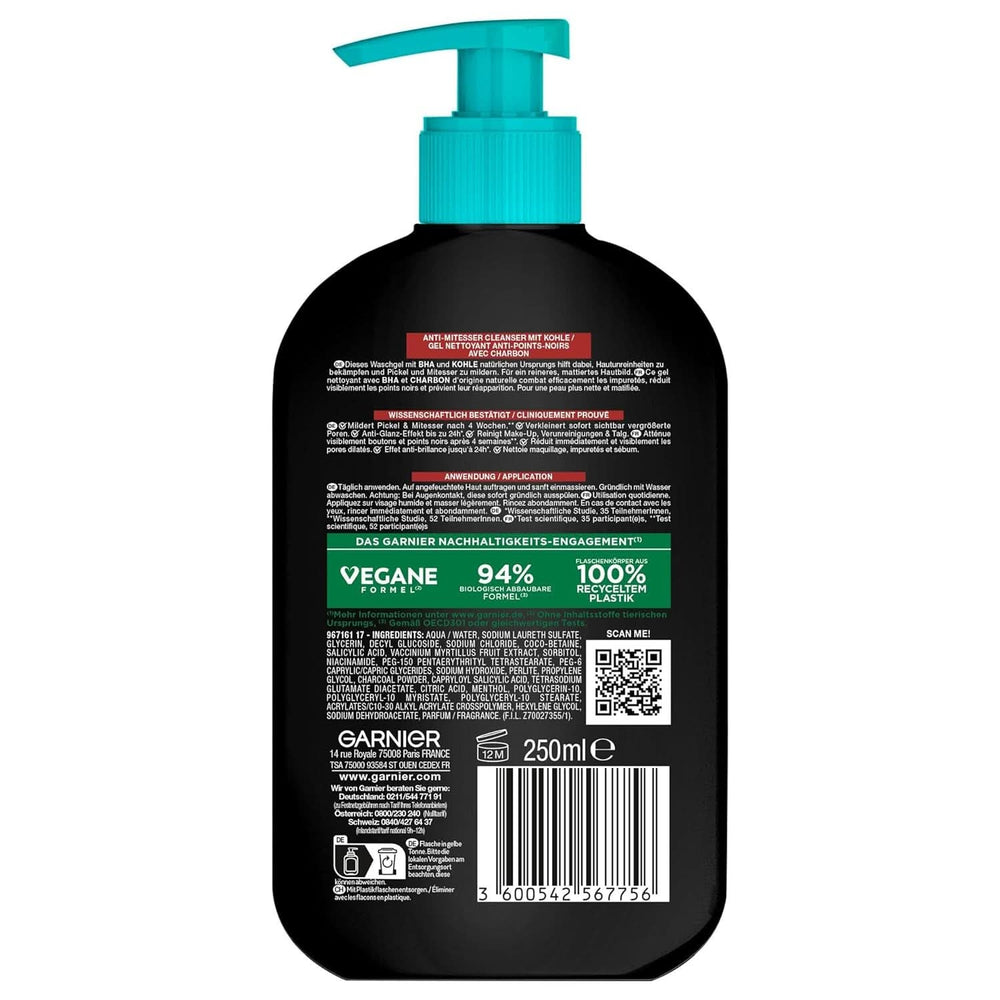 Garnier, Cleanser cu cărbune, gel de curățare facială împotriva punctelor negre și a coșurilor, 250 ml Duș și baie Naty Shop