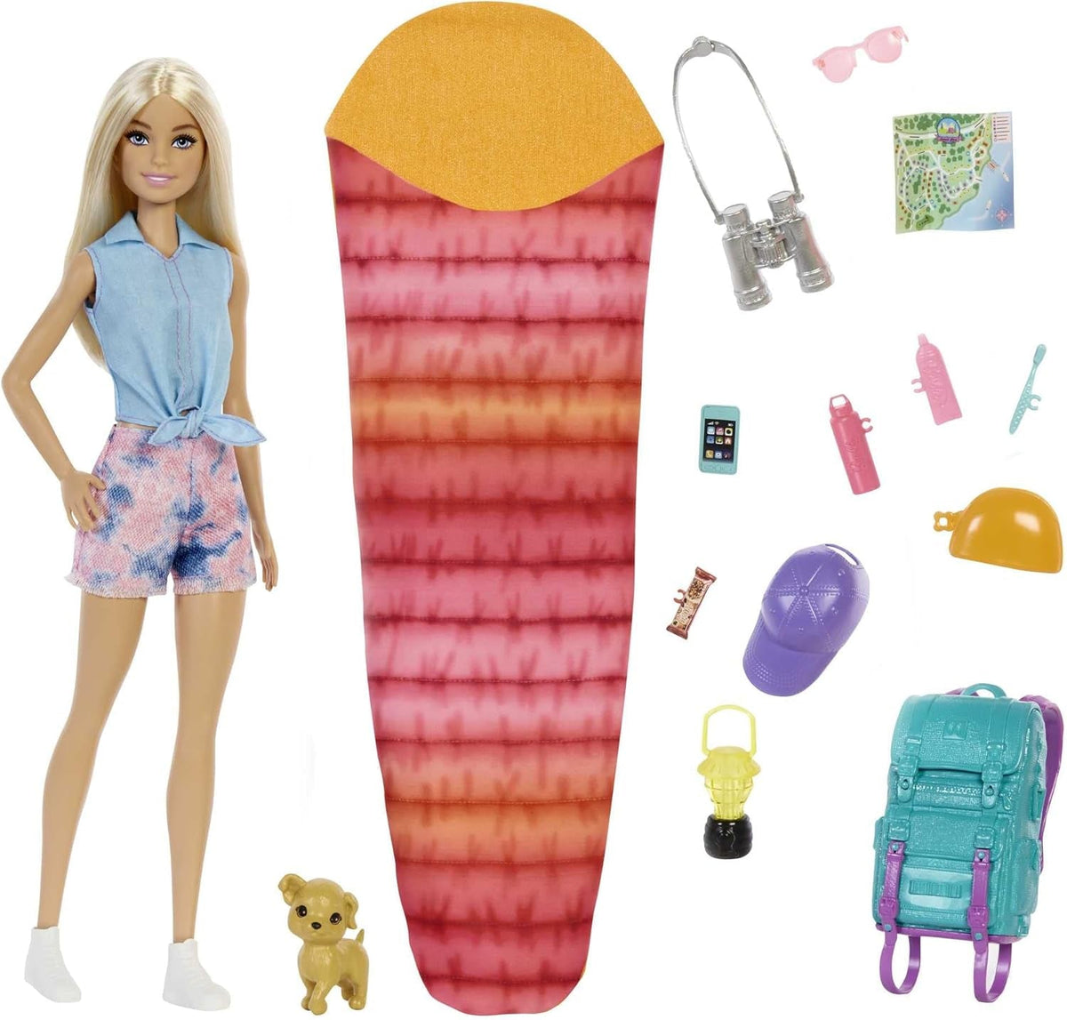 Barbie Camping Series, păpușă 1X cu păr blond, rucsac de drumeție, echipament de exterior, binoclu, hartă, cățel, accesorii, cadou pentru copii, jucărie de la 3 ani,Hdf73 Papusi Naty Shop Singur Malibu