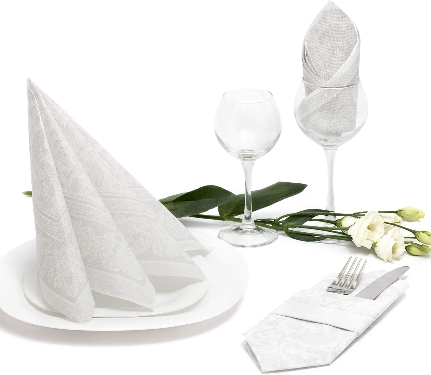 Papstar 11682 50 serviettes "Collection Royale" pli 1/4 40 X 40 cm "Ornements", blanc