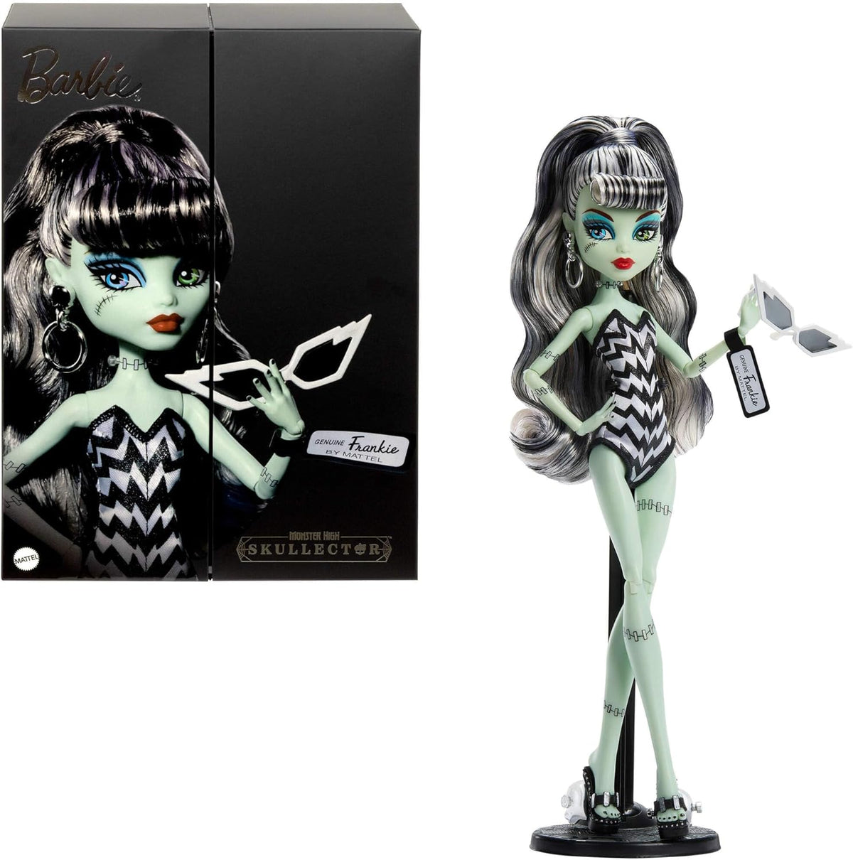 Poupée Monster High x Barbie Frankie Stein avec maillot de bain original inspiré de Barbie et solo dans la robe de soirée noire Spotlight, accessoires, JHK28