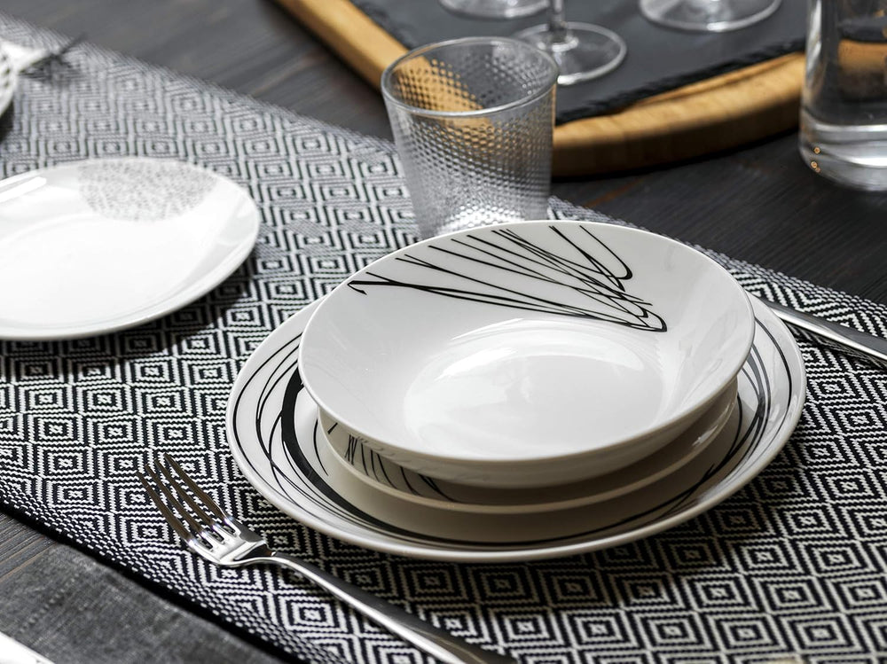 Service de table graphique, 18 pièces pour 6 personnes, porcelaine, blanc