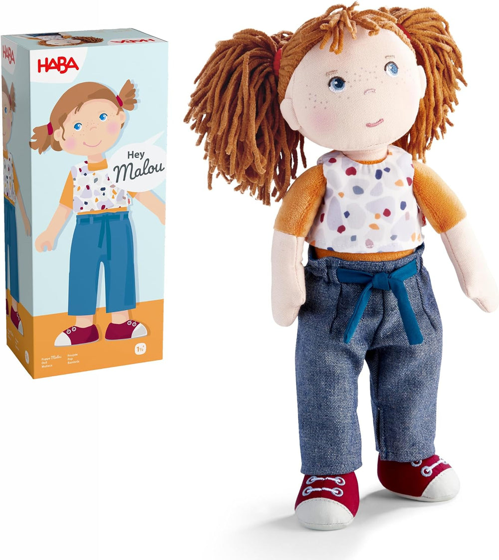HABA Puppe Malou - 30 cm große Stoffpuppe zum Spielen und Kuscheln - Weiche und waschbare Materialien - Ideale Alternative zur Plüschpuppe - Geeignet für Kinder ab 1,5 Jahren - 2010818001