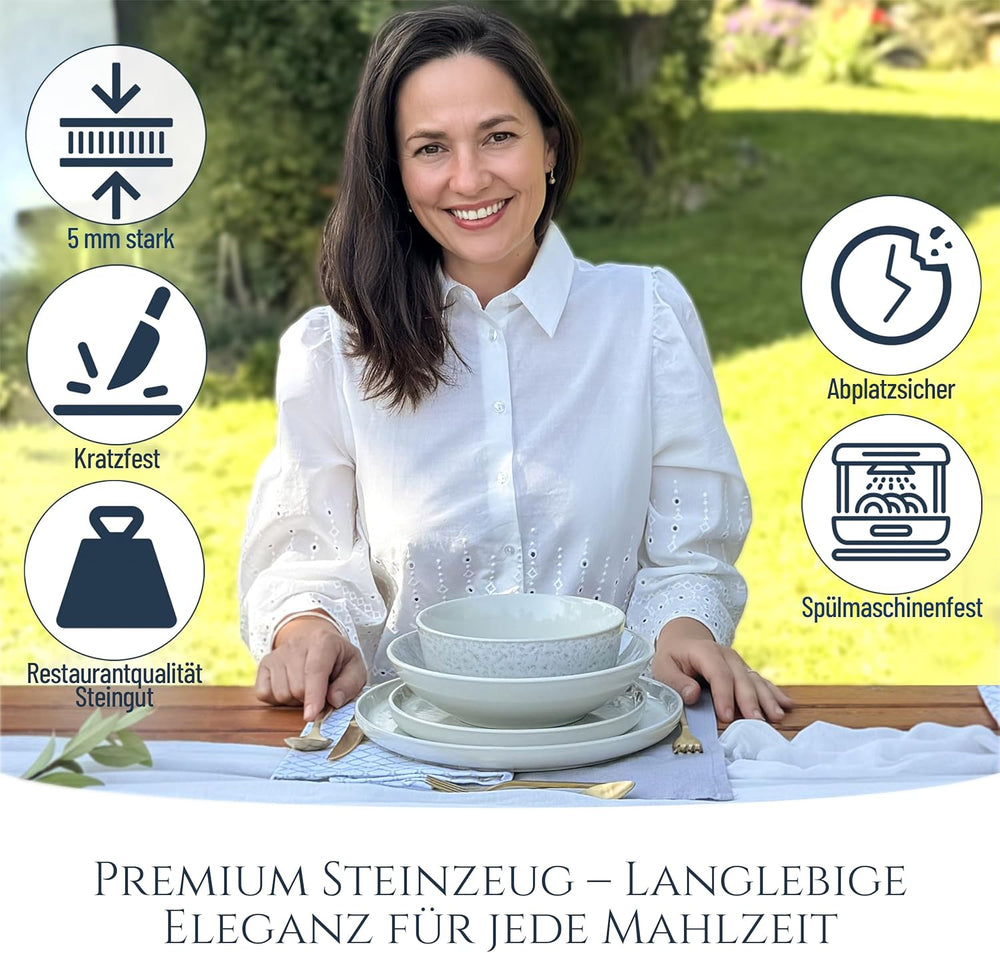 Service de vaisselle 48 pièces en grès céramique pour 12 personnes, design Ibiza, GAGNANT DU TEST. Un magnifique ensemble de vaisselle méditerranéenne en grès céramique comprenant des bols et des assiettes. Service de table Pure Living, beige.