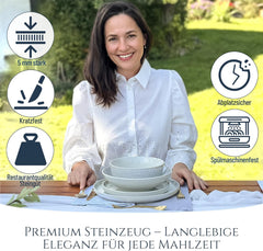 Service de vaisselle 48 pièces en grès céramique pour 12 personnes, design Ibiza, GAGNANT DU TEST. Un magnifique ensemble de vaisselle méditerranéenne en grès céramique comprenant des bols et des assiettes. Service de table Pure Living, beige.