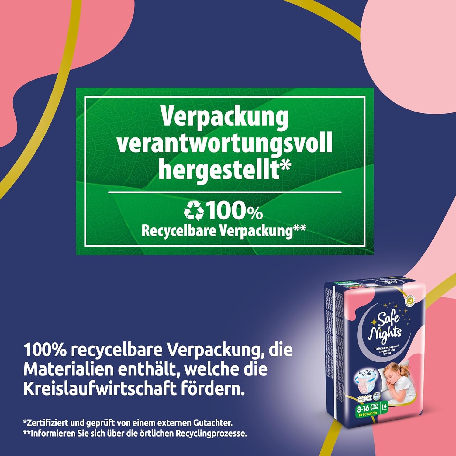 Safe Nights Girl, vêtements de nuit absorbants pour filles de 8 à 16 ans (30 à 50 kg), lot de 14