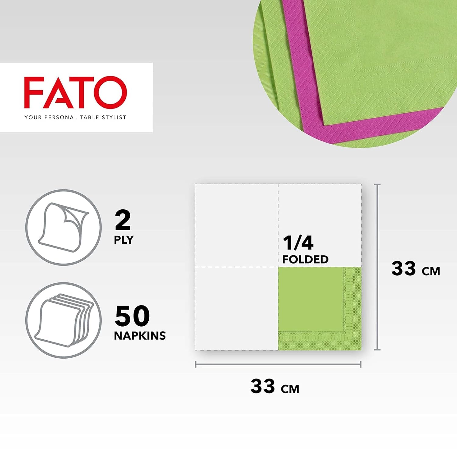 , Serviettes en papier jetables, Idéales pour les déjeuners et buffets décontractés, Paquet de 50 serviettes, Taille 33X33, 4 plis, 2 épaisseurs, Couleur vert pomme, Papier 100% pure cellulose, FSC
