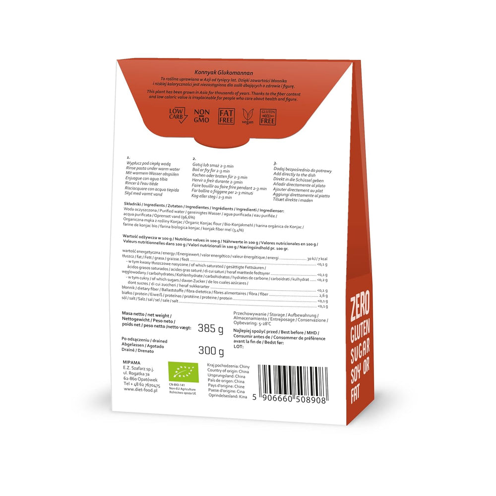 Fettuccine Konjac Noodles Bio Shirataki Diet-Food - 300g, faible en glucides, sans sucre, céto, végétalien, faible en calories, sans gluten et sans œufs, à base de farine de Konjac