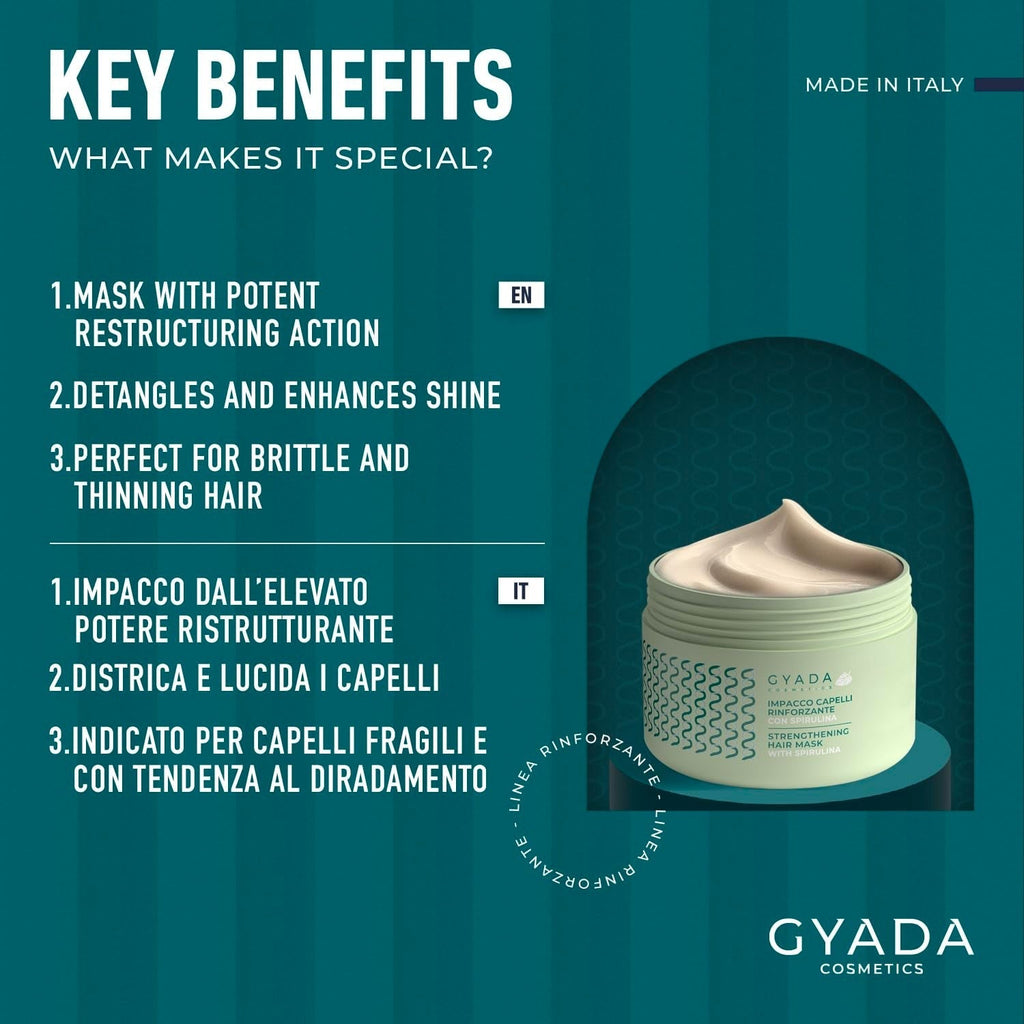 GYADA COSMETICS, Pachet de întărire a părului cu spirulină, hrănitoare, împotriva căderii părului, funcționează sfaturi duble, 250 ml + pieptene din lemn de fag, ideal pentru descurcarea tuturor tipurilor de păr Masca de par Naty Shop