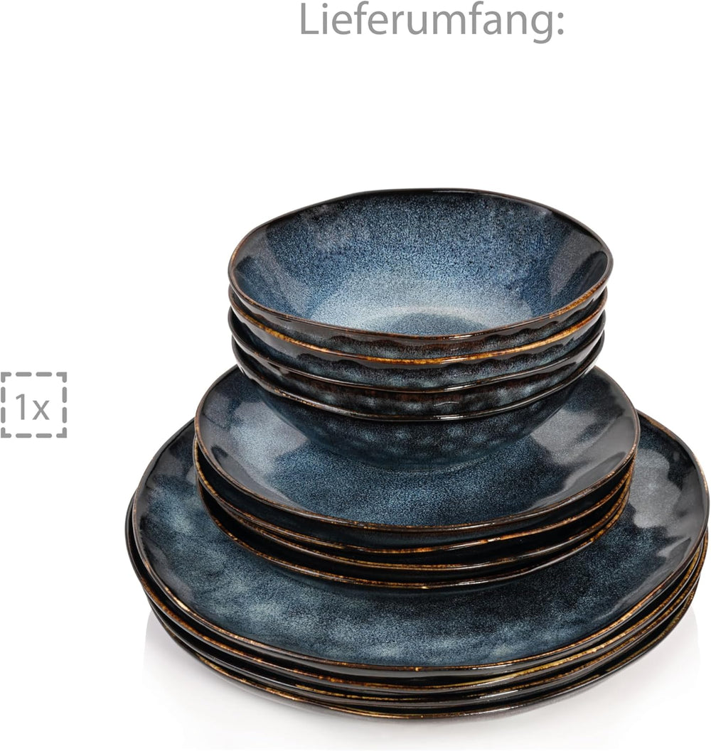 SANGER | Service de table Tokyo Service de table 12 pièces en grès pour 4 personnes comprenant des assiettes plates, des assiettes à dessert et des bols, bleu foncé avec des accents noirs | LA COLLECTION PREMIUM