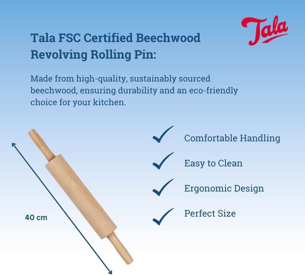Rouleau à pâtisserie en bois de hêtre Tala - Rouleau à pâtisserie rotatif avec poignées, surface lisse, durable et facile à nettoyer - Parfait pour la pâte, les pâtisseries, le pain et la pizza - Bois certifié FSC