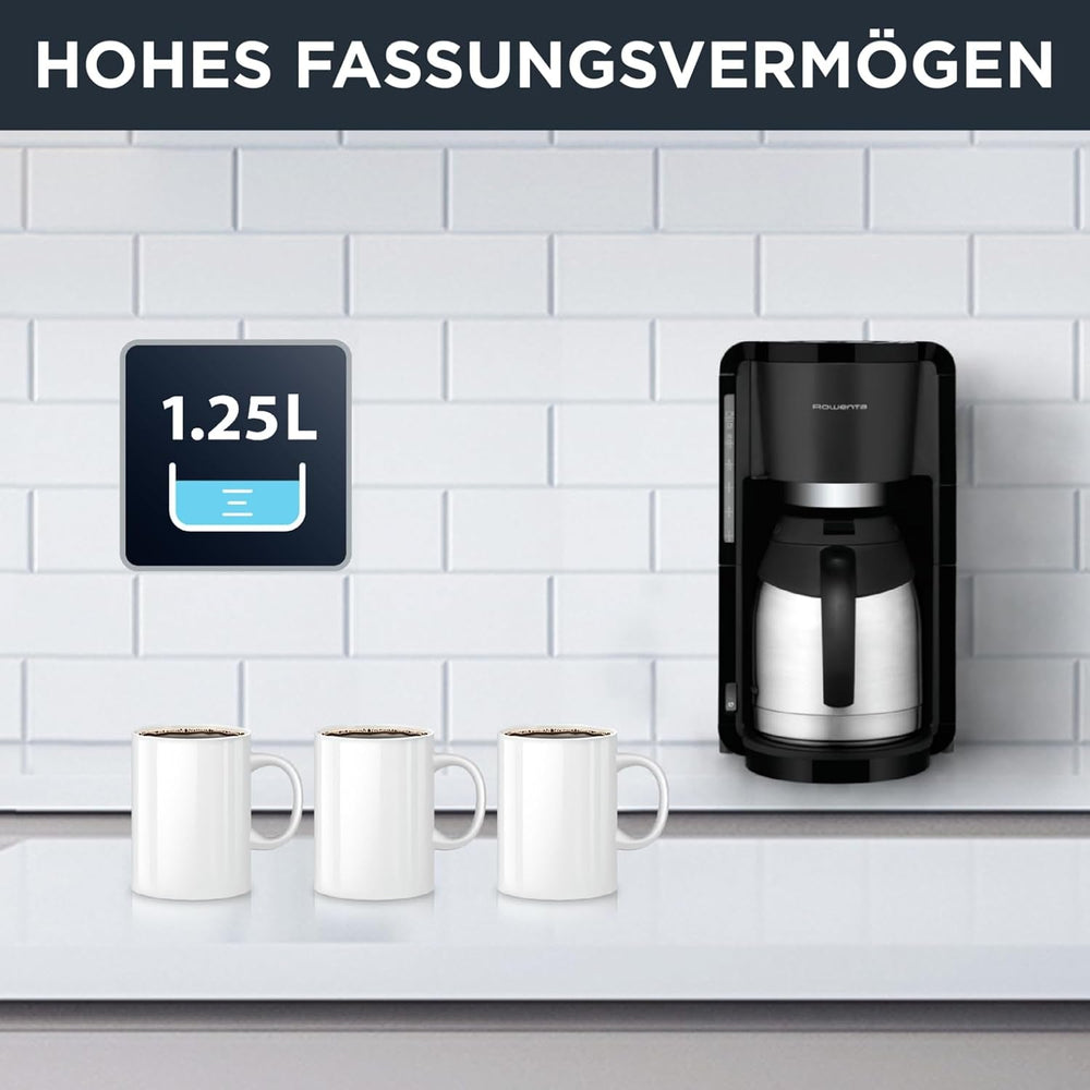 Rowenta Adagio Filter Machine à expresso, carafe thermique en acier inoxydable, garde le café chaud jusqu'à 4 heures, capacité de 10 à 15 tasses, capacité de 1,25 L, panier filtrant amovible, arrêt automatique, noir, CT3818